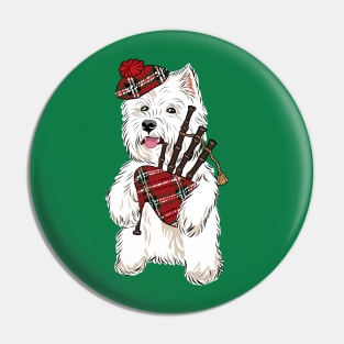 Westie playing a bagpipe Pin