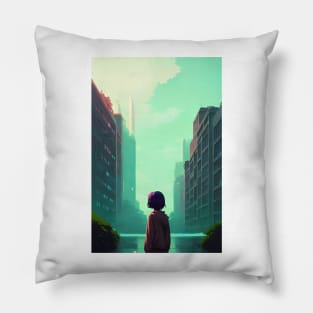 Cool Anime Girl in Streets Lofi Scenario Landscape Pillow