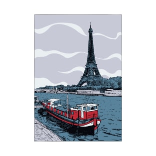 Vector illustration of Eiffel Tower seen across Seine River T-Shirt