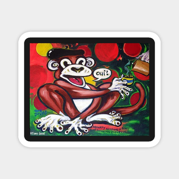 'Monkey Wearing a Beret Drinking Espresso' Magnet by jerrykirk