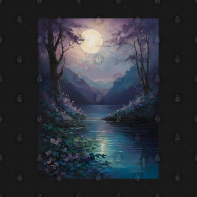 Moonlit Lake Surrounded by Blooming Trees and Mountain Range by Anik Arts