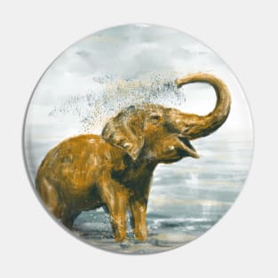 Loose Painting of a Baby Elephant Taking a Shower Pin