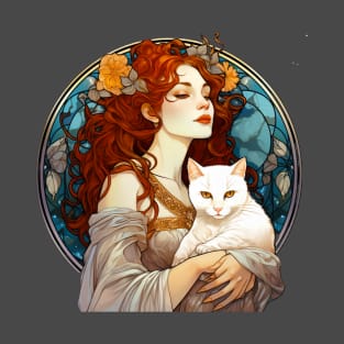 Mucha Inspired Elegant Woman with Cat T-Shirt