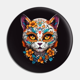 Cat Sugar Skull Halloween Pin