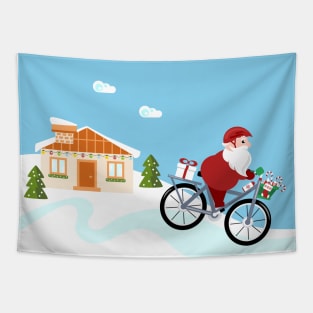 Santa Claus delivering gifts riding a bike Tapestry