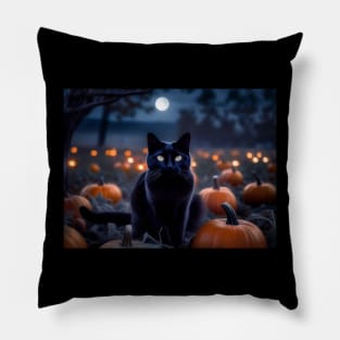 Sleek black cat in a pumpkin patch Pillow