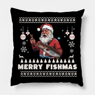 Merry Fishmas Santa Fishing Ugly Christmas Sweater Pillow