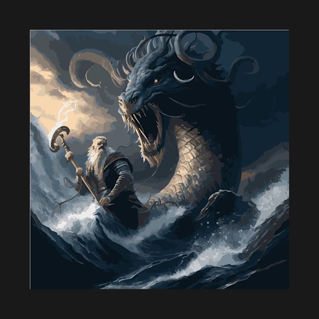Whosoever Holds This Rope - Thor Fighting a Huge Serpent Illustration by gmnglx