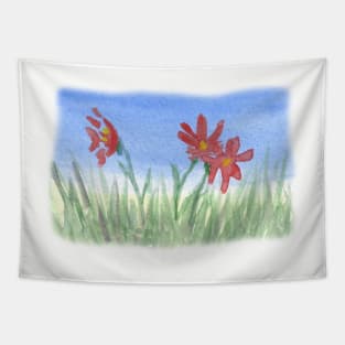 Three Red Flowers in Grass Tapestry