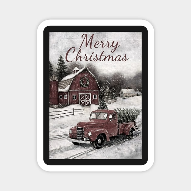 Red vintage car Christmas tree - Merry Christmas Magnet by LukjanovArt