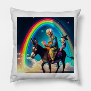 Old Lady on Donkey with Rainbow Pillow