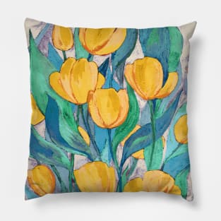 Blooming Golden Tulips in Gouache Pillow