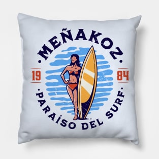 Vintage Meñakoz, Spain Surfer's Paradise // Retro Surfing 1980s Badge B Pillow