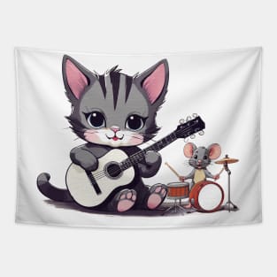 cute kitten playing the guitar with a cute little mouse playing the drum Tapestry