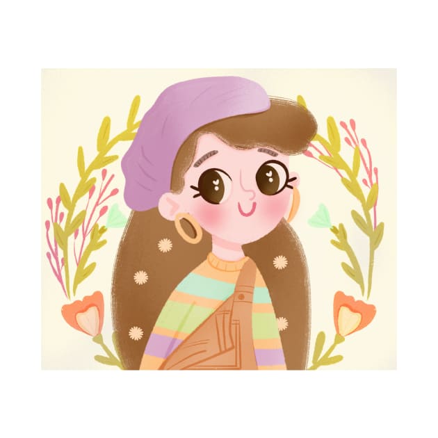 Cute Kawaii Girl in Headscarf and Overalls - Floral Pastel Art by Matisse Studio