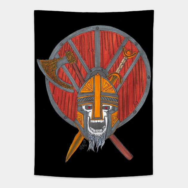 Viking Skull with Shield and Weapons Tapestry by Joseph Baker