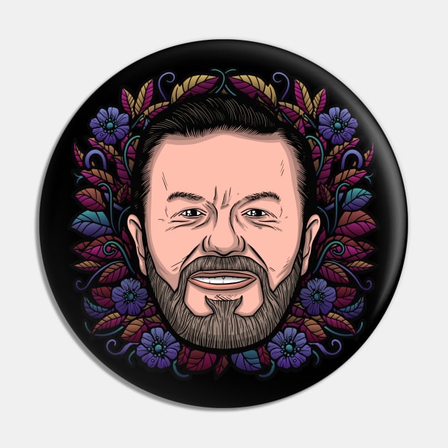 Ricky Gervais (Flowered) Pin by Baddest Shirt Co.