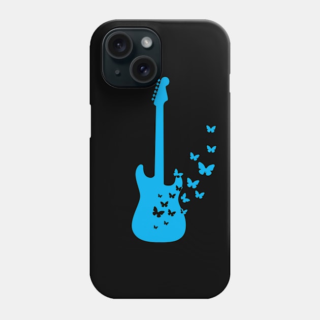 S-Style Electric Guitar Silhouette Turning Into Butterflies Blue Phone Case by nightsworthy
