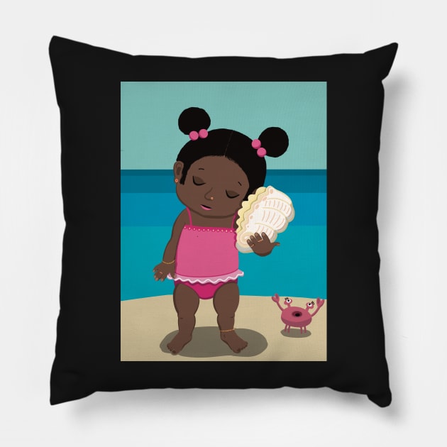 Vacation mood on - cute little dark girl having a quiet moment on the beach listening to the sound of a seashell, saturated ,no text Pillow by marina63