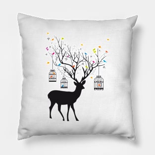 Deer with birds and birdcages Pillow