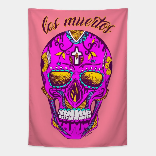 Neon Pink Los Muertos Skull Tapestry by kenallouis