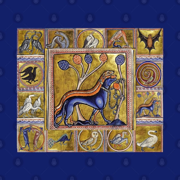 MEDIEVAL BESTIARY THREE DOGS, FANTASTIC ANIMALS IN GOLD RED BLUE COLORS by BulganLumini