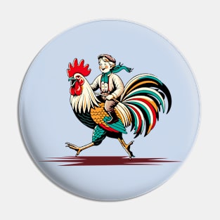 Kid riding on a rooster Pin