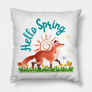 Hello Spring Fox Flower Watercolor Pattern Pillow