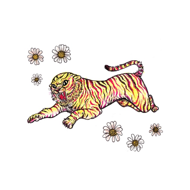 Pouncing Tiger with Daisies by sadnettles