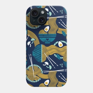 Noodles connection // pattern // midnight blue background teal and aqua bowls yellow pasta Phone Case