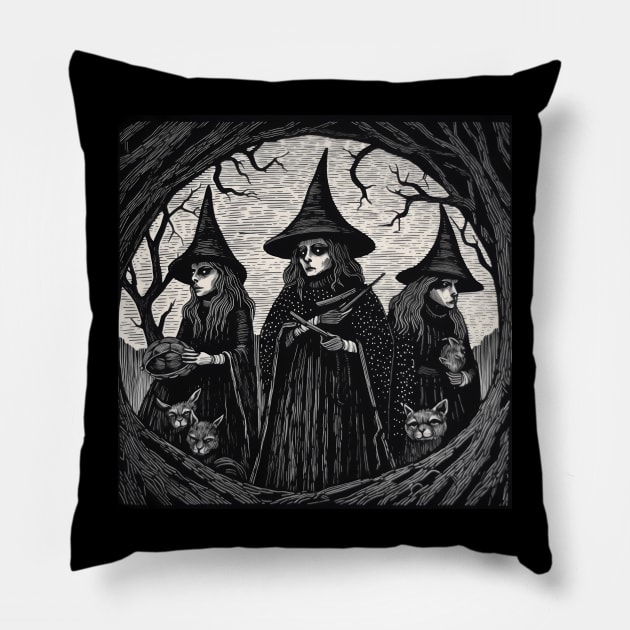 Weird Sisters Linocut Pillow by Lamp DigiArt