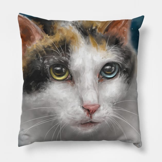 Painting of a Japanese Bobtail Cat with Gorgeous Blue and Green Eyes Pillow by ibadishi