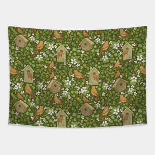 Birds in birdhouses with white apple blossom on brown background Tapestry