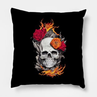 Flaming Skull and Roses Pillow