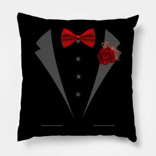 Faux Tuxedo with red bow tie and rose boutonniere Pillow