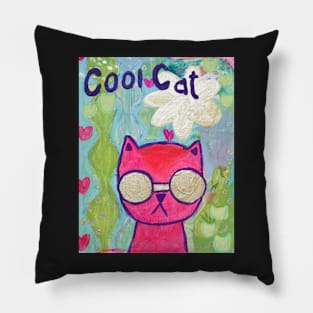 Cool Cat painting mixed media Pillow