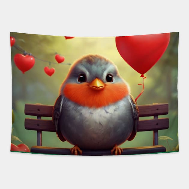 Baby Robin on Bench with Red Heart Balloons Tapestry by susiesue