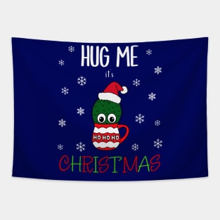 Hug Me It's Christmas - Cactus With A Santa Hat In A Christmas Mug Tapestry