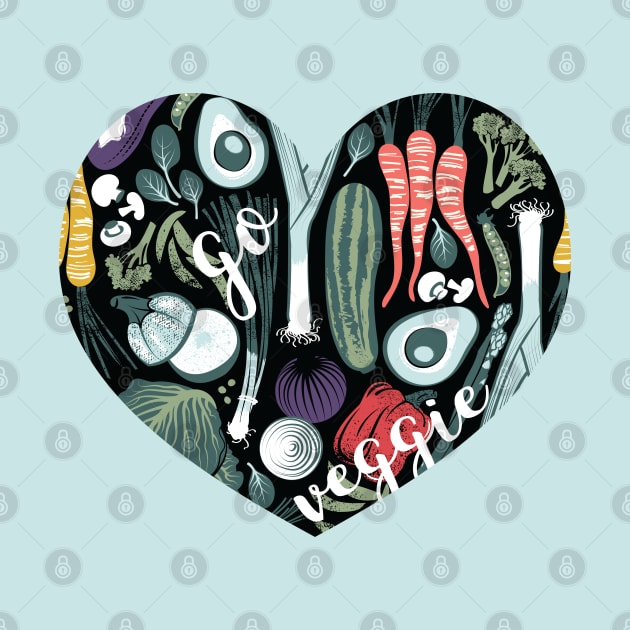 Go veggie // heart print // black background pine and mint vegetables by SelmaCardoso