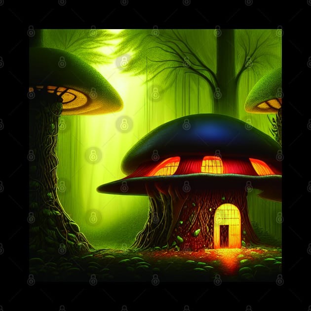 Magical Big Cottage Mushroom House with Lights in Forest with High Trees, Mushroom Aesthetic by Promen Art