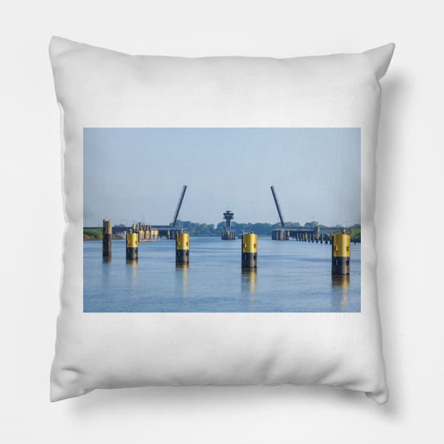 Hunte barrage, Elsfleth, Lower Saxony Pillow by Kruegerfoto