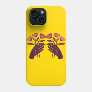 Brown hand with brown orange and pink flowers on yellow Phone Case