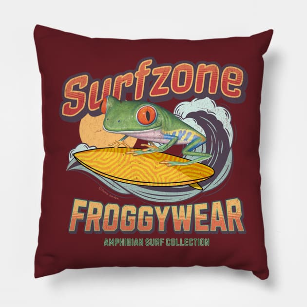 Funny Cute Red Eyed Tree Frog Surfing Pillow by Danny Gordon Art