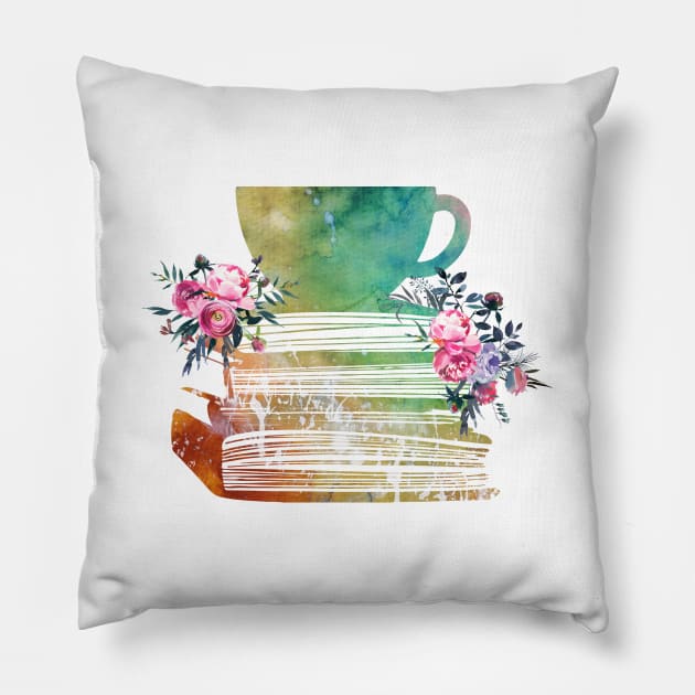 Cup of Tea with Books and flowers Pillow by erzebeth