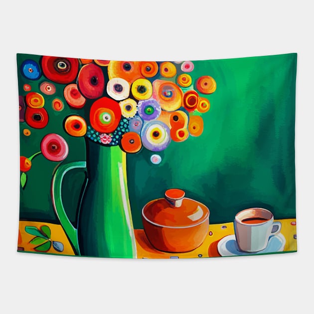 Cute Abstract Flowers in a Green Vase Still Life Painting Tapestry by bragova