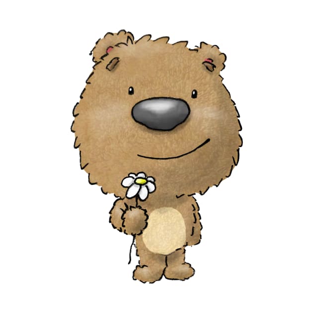 Cute happy brown bear holding french daisy flower by MartinDrawsBears