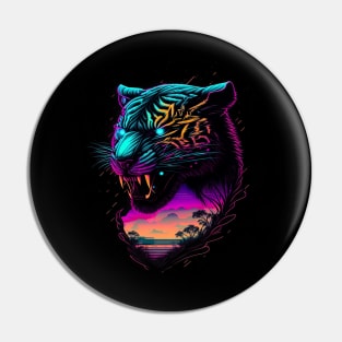 Retrowave Synthwave Tiger Head - 1980's Animal Print Pin