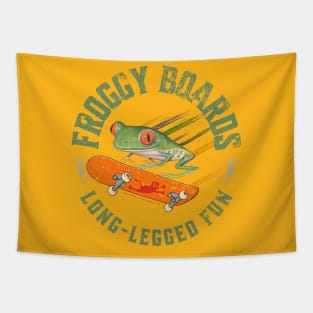 Cute Red Eyed Tree Frog using a skateboard with a Funny saying Long Legged Fun tee Tapestry