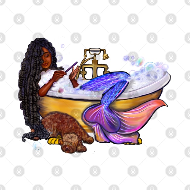 Mermaid self care - Mermaid filing her nails and wearing long braids relaxing in luxurious bubble bath having a moment of tranquility  ! by Artonmytee