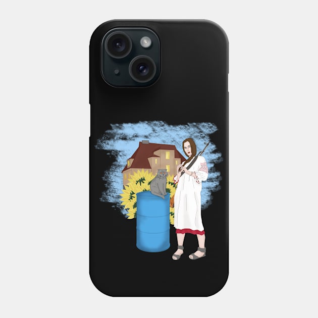 Armed Ukrainen woman with cat. Sunflowers Phone Case by KateQR